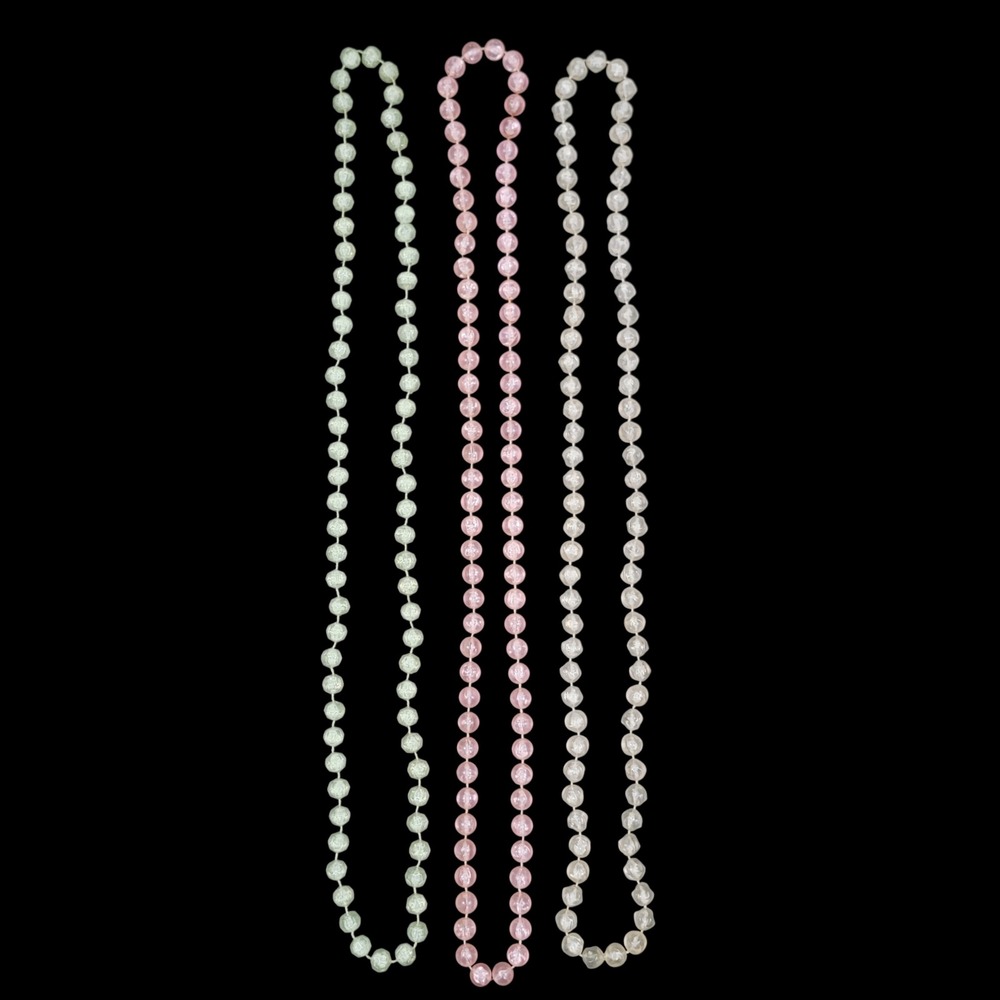 VTG 50s 60s Pastel Beaded Necklaces 34" Lot of 3 Frosted Pink Green White Retro